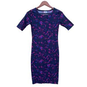 LuLaRoe Women's Dress Julia Bodycon Fuschia Teal Feather Print Size XXSmall EUC